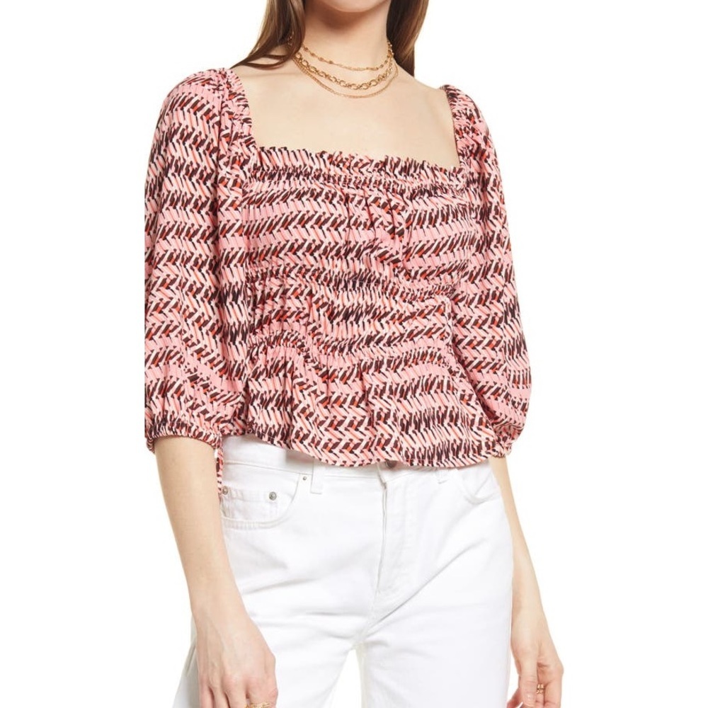 Open Edit Shirring Detail Square Neck Pink Peony‎ Geo Wave Top, Size XS, NWT